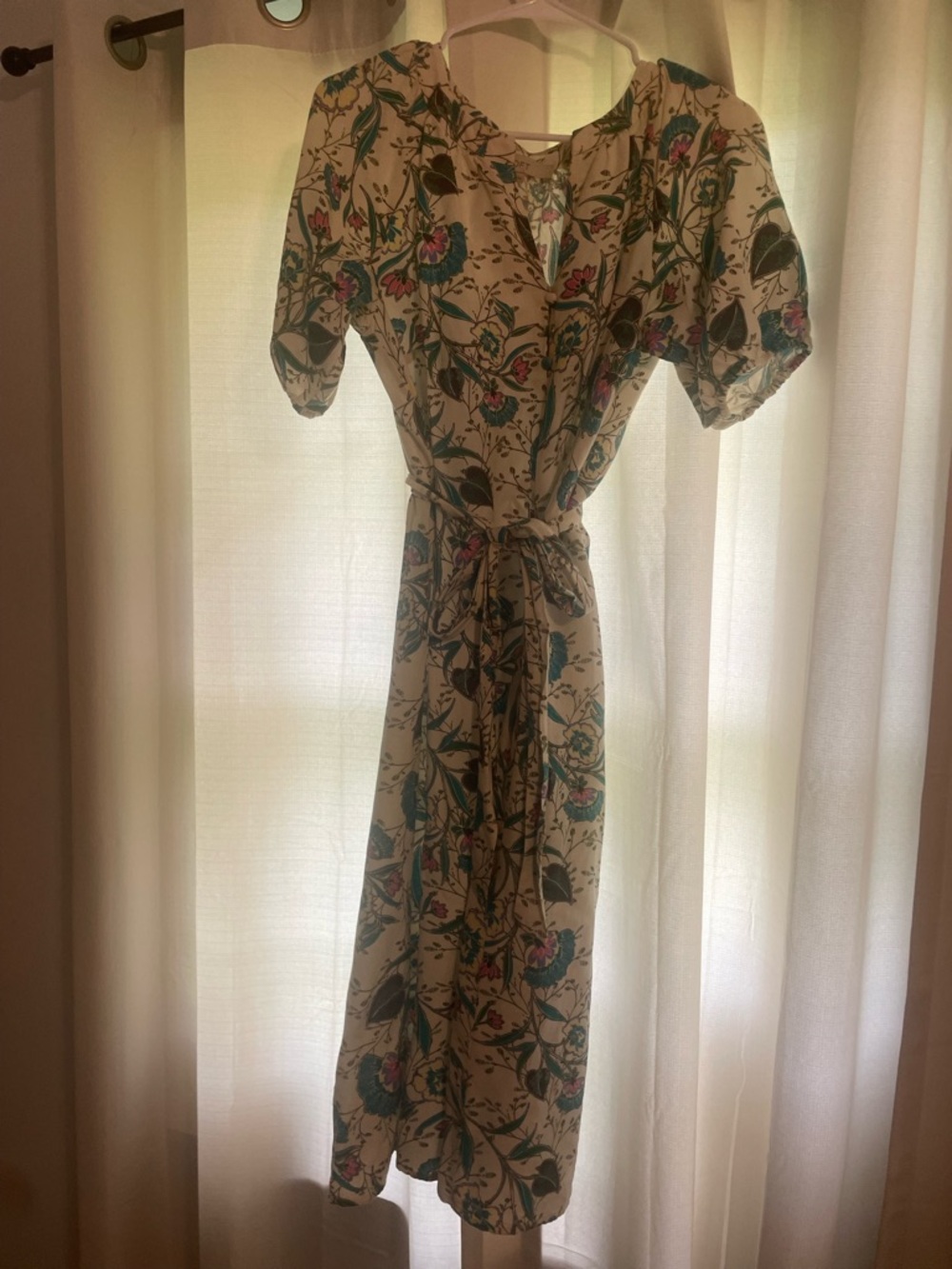 Loft Cream Floral Tie-Waist Midi Dress